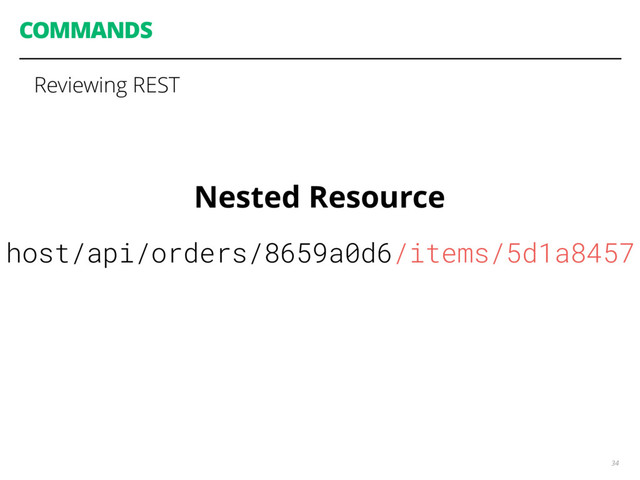 COMMANDS
34
Reviewing REST
Nested Resource
host/api/orders/8659a0d6/items/5d1a8457
