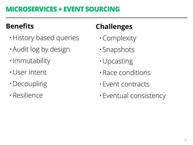 MICROSERVICES + EVENT SOURCING
Beneﬁts
•History based queries
•Audit log by design
•Immutability
•User intent
•Decoupling
•Resilience
56
Challenges
•Complexity
•Snapshots
•Upcasting
•Race conditions
•Event contracts
•Eventual consistency
