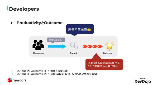 Developers
● ProductivityとOutcome
🫧
Resources Output

Outcome
狭義の生産性
広義の生産性👍
OutputをOutcomeに繋げる
ことに集中する必要がある
● Output: 大, Outcome: 小 -> 無駄を大量生産
● Output: 小, Outcome: 大 -> 成果にコミットしている 何ら悪い状態ではない
