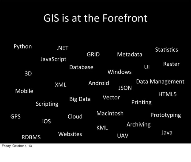 GIS	  is	  at	  the	  Forefront
Python
3D
JavaScript
Mobile
XML
.NET
Scrip5ng
GPS
iOS
RDBMS
Database
Big	  Data
Cloud
Websites
GRID
Android
Metadata
Macintosh
Windows
Prin5ng
JSON
Vector
UAV
Sta5s5cs
Data	  Management
UI
Archiving
KML
Raster
HTML5
Prototyping
Java
Friday, October 4, 13
All	  these	  great	  technologies!
