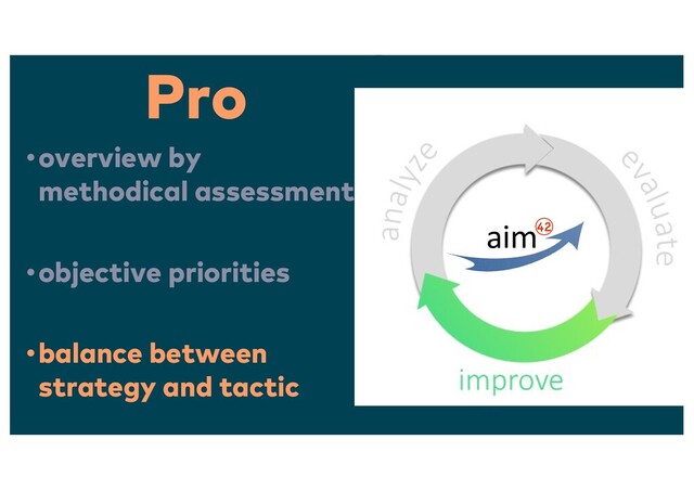 Pro
•overview by
methodical assessment
•objective priorities
•balance between
strategy and tactic
aim42

