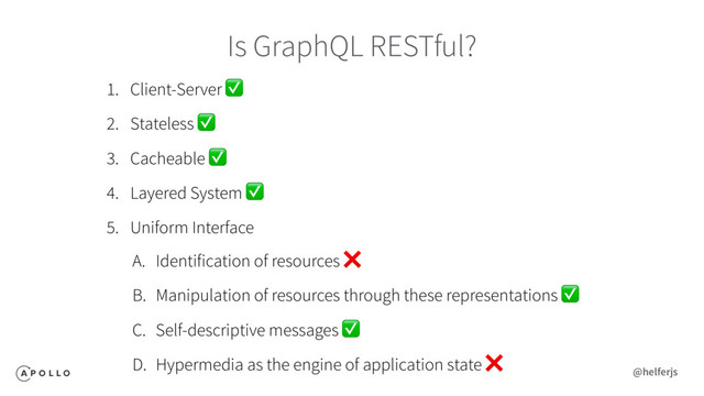 Is GraphQL RESTful?
1. Client-Server ✅
2. Stateless ✅
3. Cacheable ✅
4. Layered System ✅
5. Uniform Interface
A. Identification of resources ❌
B. Manipulation of resources through these representations ✅
C. Self-descriptive messages ✅
D. Hypermedia as the engine of application state ❌
@helferjs

