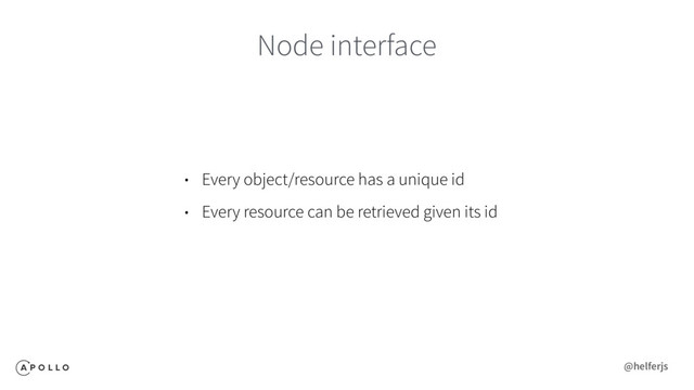 Node interface
• Every object/resource has a unique id
• Every resource can be retrieved given its id
@helferjs
