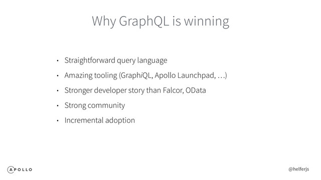 Why GraphQL is winning
• Straightforward query language
• Amazing tooling (GraphiQL, Apollo Launchpad, …)
• Stronger developer story than Falcor, OData
• Strong community
• Incremental adoption
@helferjs
