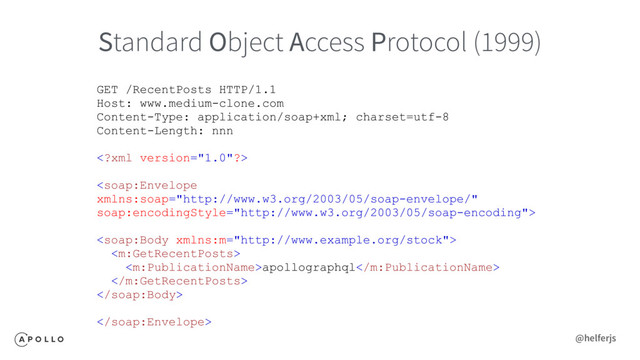 Standard Object Access Protocol (1999)
GET /RecentPosts HTTP/1.1
Host: www.medium-clone.com
Content-Type: application/soap+xml; charset=utf-8
Content-Length: nnn




apollographql



@helferjs
