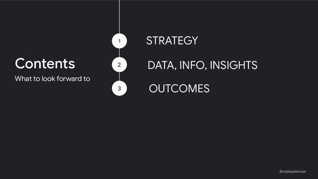 @nobleackerson
●
STRATEGY
Contents
What to look forward to
1
2
3
●
DATA, INFO, INSIGHTS
●
OUTCOMES
