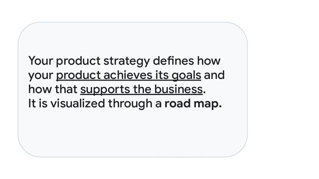 Your product strategy defines how
your product achieves its goals and
how that supports the business.
It is visualized through a road map.

