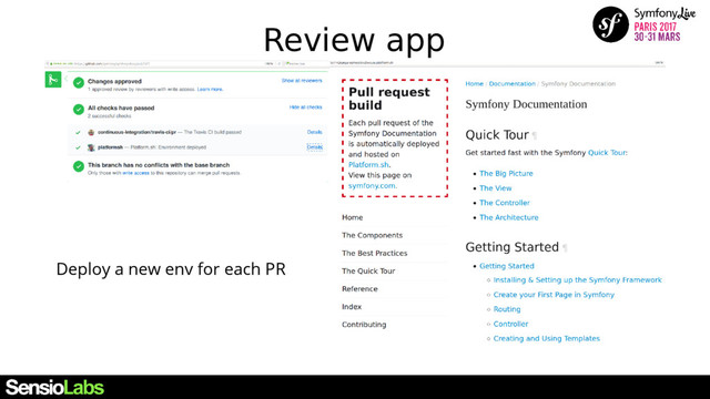 Review app
Deploy a new env for each PR
