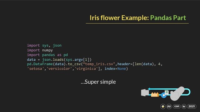 Iris flower Example: Pandas Part
import sys, json
import numpy
import pandas as pd
data = json.loads(sys.argv[1])
pd.DataFrame(data).to_csv(”temp_iris.csv",header=[len(data), 4,
'setosa','versicolor','virginica'], index=None)
…Super simple

