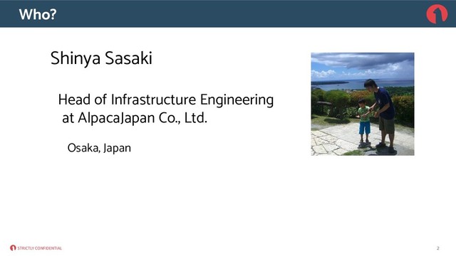 STRICTLY CONFIDENTIAL
Who?
Shinya Sasaki
Head of Infrastructure Engineering
at AlpacaJapan Co., Ltd.
Osaka, Japan
2

