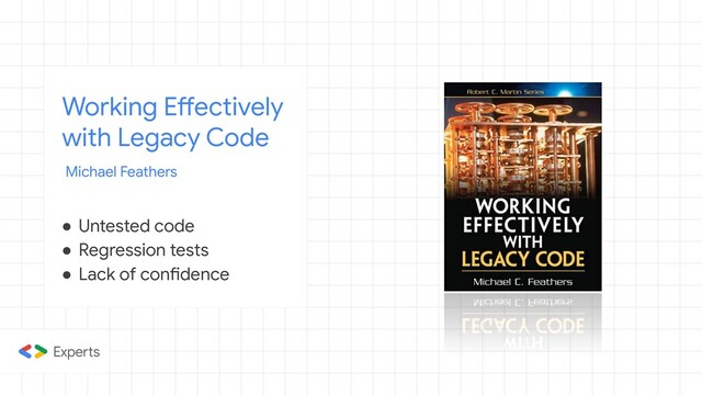 Working Effectively
with Legacy Code
Michael Feathers
● Untested code
● Regression tests
● Lack of confidence
