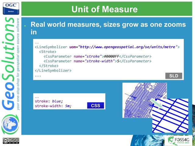 Unit of Measure
●
Real world measures, sizes grow as one zooms
in
…


#0000FF
5


...
…
stroke: blue;
stroke-width: 5m;
SLD
CSS
