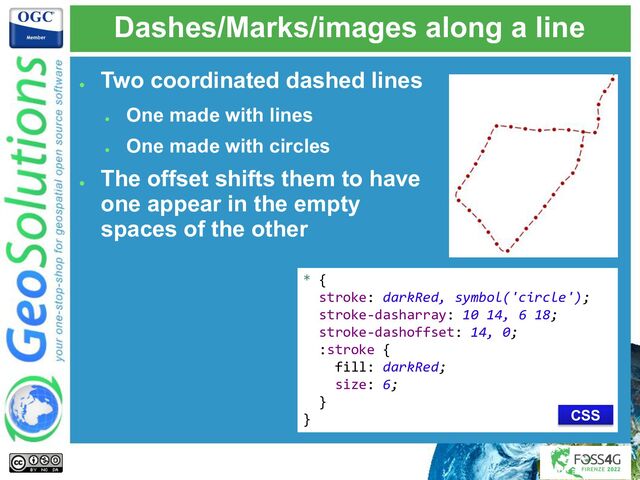 Dashes/Marks/images along a line
* {
stroke: darkRed, symbol('circle');
stroke-dasharray: 10 14, 6 18;
stroke-dashoffset: 14, 0;
:stroke {
fill: darkRed;
size: 6;
}
}
●
Two coordinated dashed lines
●
One made with lines
●
One made with circles
●
The offset shifts them to have
one appear in the empty
spaces of the other
CSS
