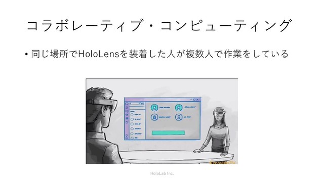 コラボレーティブ・コンピューティング
• 同じ場所でHoloLensを装着した人が複数人で作業をしている
HoloLab Inc.
