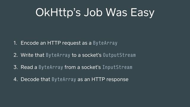 OkHttp’s Job Was Easy
1. Encode an HTTP request as a ByteArray
2. Write that ByteArray to a socket’s OutputStream
3. Read a ByteArray from a socket’s InputStream
4. Decode that ByteArray as an HTTP response
