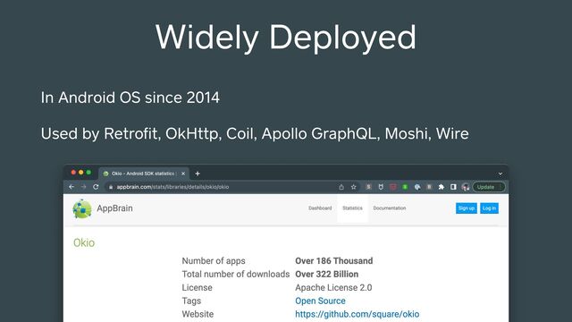 Widely Deployed
In Android OS since 2014
Used by Retroﬁt, OkHttp, Coil, Apollo GraphQL, Moshi, Wire
