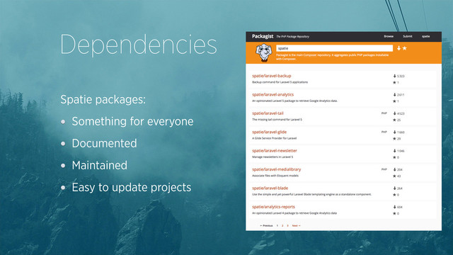Spatie packages:
Something for everyone
Documented
Maintained
Easy to update projects
Dependencies
