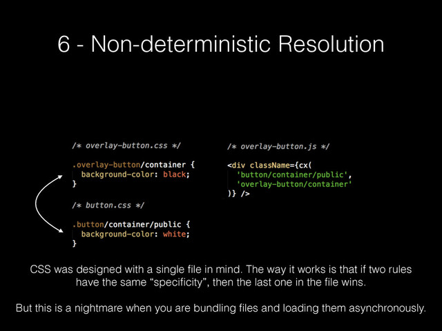 6 - Non-deterministic Resolution
CSS was designed with a single ﬁle in mind. The way it works is that if two rules
have the same “speciﬁcity”, then the last one in the ﬁle wins.
 
But this is a nightmare when you are bundling ﬁles and loading them asynchronously.
