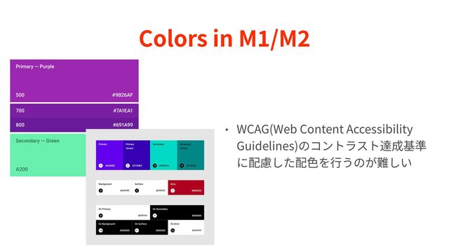 Colors in M
1
/M
2
• WCAG(Web Content Accessibility
Guidelines)のコントラスト達成基準
に配慮した配⾊を⾏うのが難しい
