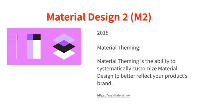 Material Design
2
(M
2
)
2 0 1 8  
 
Material Theming:


Material Theming is the ability to
systematically customize Material
Design to better re
fl
ect your product’s
brand.


https://m
2
.material.io/
