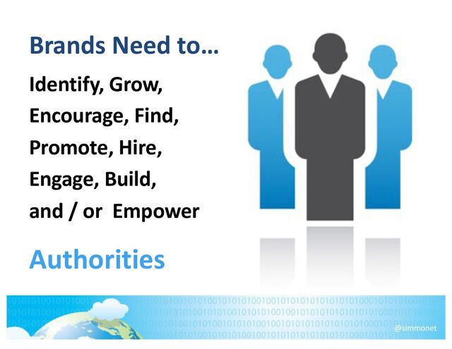 Brands Need to…
Identify, Grow,
Encourage, Find,
Promote, Hire,
Engage, Build,
and / or Empower
Authorities
@simmonet
