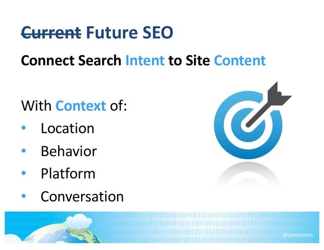 Current Future SEO
Connect Search Intent to Site Content
With Context of:
• Location
• Behavior
• Platform
• Conversation
@simmonet
