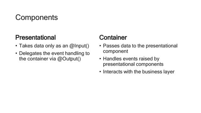 Container
• Passes data to the presentational
component
• Handles events raised by
presentational components
• Interacts with the business layer
Presentational
• Takes data only as an @Input()
• Delegates the event handling to
the container via @Output()
Components
