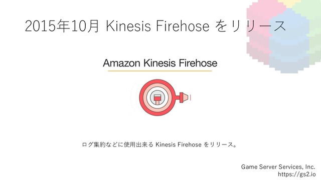 2015年10⽉ Kinesis Firehose をリリース
Game Server Services, Inc.
https://gs2.io
ログ集約などに使⽤出来る Kinesis Firehose をリリース。
