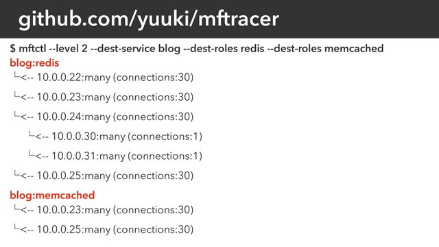 github.com/yuuki/mftracer
$ mftctl --level 2 --dest-service blog --dest-roles redis --dest-roles memcached
blog:redis
ᵋ<-- 10.0.0.22:many (connections:30)
ᵋ<-- 10.0.0.23:many (connections:30)
ᵋ<-- 10.0.0.24:many (connections:30)
ᵋ<-- 10.0.0.30:many (connections:1)
ᵋ<-- 10.0.0.31:many (connections:1)
ᵋ<-- 10.0.0.25:many (connections:30)
blog:memcached
ᵋ<-- 10.0.0.23:many (connections:30)
ᵋ<-- 10.0.0.25:many (connections:30)
