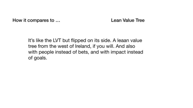 How it compares to … Lean Value Tree
It’s like the LVT but ﬂipped on its side. A leaan value
tree from the west of Ireland, if you will. And also
with people instead of bets, and with impact instead
of goals.
