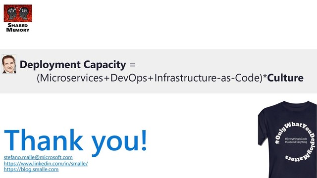 stefano.malle@microsoft.com
https://www.linkedin.com/in/smalle/
https://blog.smalle.com
Thank you!
Deployment Capacity =
(Microservices+DevOps+Infrastructure-as-Code)*Culture
