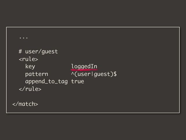 ...
# user/guest

key loggedIn
pattern ^(user|guest)$
append_to_tag true


