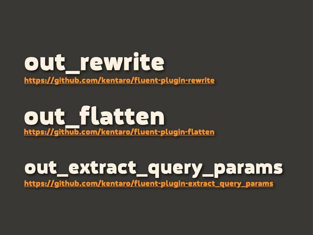 out_flatten
https://github.com/kentaro/fluent-plugin-flatten
out_extract_query_params
https://github.com/kentaro/fluent-plugin-extract_query_params
out_rewrite
https://github.com/kentaro/fluent-plugin-rewrite
