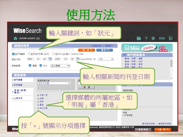 使用方法
輸入關鍵詞，如「狀元」
輸入相關新聞的刊登日期
選擇媒體的所屬地區，如
「明報」屬「香港」
按「+」號顯示分項選擇
