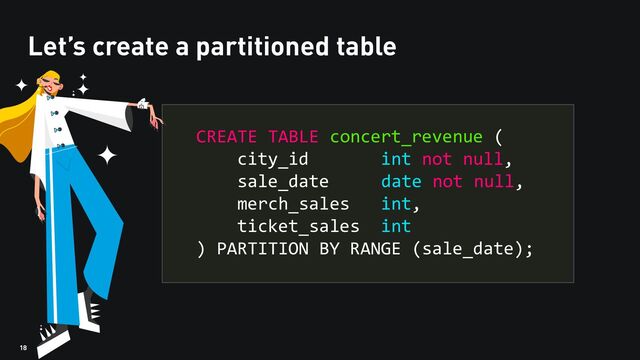 18
Let’s create a partitioned table
CREATE TABLE concert_revenue (
city_id int not null,
sale_date date not null,
merch_sales int,
ticket_sales int
) PARTITION BY RANGE (sale_date);
