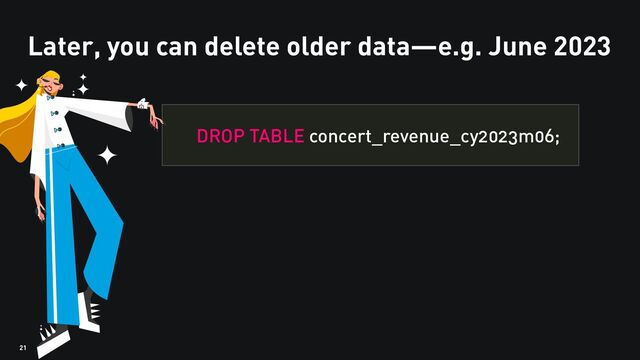 21
Later, you can delete older data—e.g. June 2023
DROP TABLE concert_revenue_cy2023m06;
