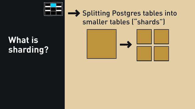 What is
sharding?
24
Splitting Postgres tables into
smaller tables (“shards”)
