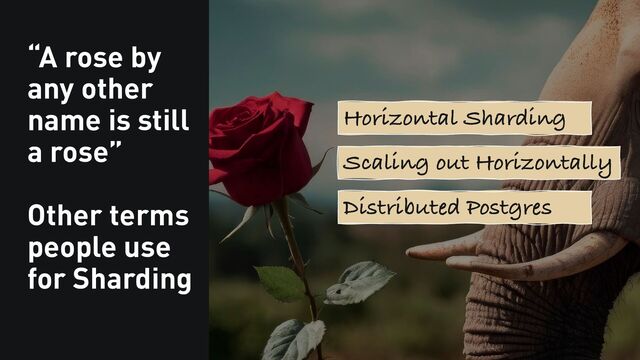 “A rose by
any other
name is still
a rose”
Other terms
people use
for Sharding
26
Horizontal Sharding
Scaling out Horizontally
Distributed Postgres
