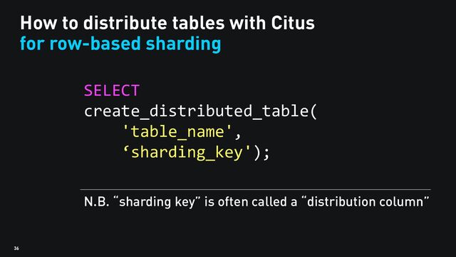 36
How to distribute tables with Citus
for row-based sharding
SELECT
create_distributed_table(
'table_name',
‘sharding_key');
N.B. “sharding key” is often called a “distribution column”
