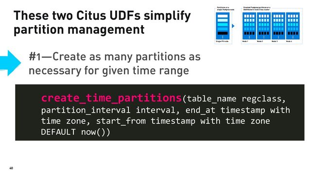40
These two Citus UDFs simplify
partition management
create_time_partitions(table_name regclass,
partition_interval interval, end_at timestamp with
time zone, start_from timestamp with time zone
DEFAULT now())
#1—Create as many partitions as
necessary for given time range
