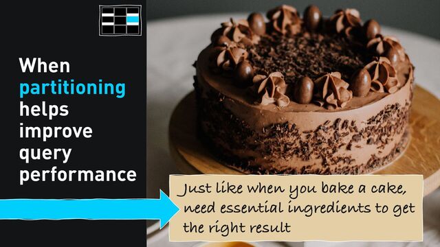 When
partitioning
helps
improve
query
performance
Just like when you bake a cake,
need essential ingredients to get
the right result
