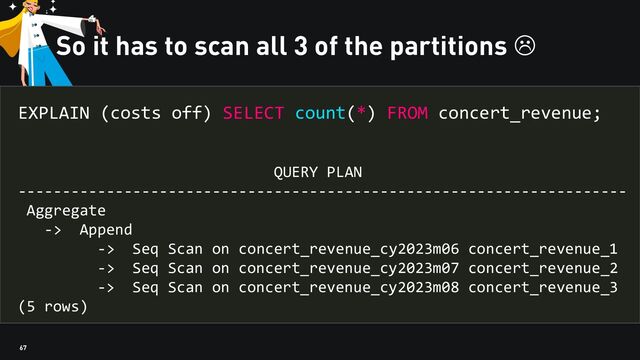 67
So it has to scan all 3 of the partitions 
EXPLAIN (costs off) SELECT count(*) FROM concert_revenue;
QUERY PLAN
---------------------------------------------------------------------
Aggregate
-> Append
-> Seq Scan on concert_revenue_cy2023m06 concert_revenue_1
-> Seq Scan on concert_revenue_cy2023m07 concert_revenue_2
-> Seq Scan on concert_revenue_cy2023m08 concert_revenue_3
(5 rows)
