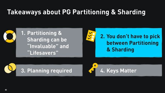 82
Takeaways about PG Partitioning & Sharding
1. Partitioning &
Sharding can be
“Invaluable” and
“Lifesavers”
3. Planning required
2. You don’t have to pick
between Partitioning
& Sharding
4. Keys Matter
