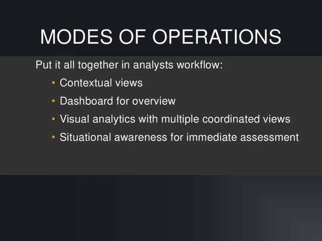 MODES OF OPERATIONS
Put it all together in analysts workflow:
• Contextual views
• Dashboard for overview
• Visual analytics with multiple coordinated views
• Situational awareness for immediate assessment
