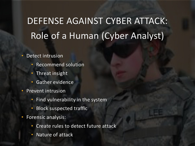 DEFENSE AGAINST CYBER ATTACK:
Role of a Human (Cyber Analyst)
• Detect intrusion
• Recommend solution
• Threat insight
• Gather evidence
• Prevent intrusion
• Find vulnerability in the system
• Block suspected traffic
• Forensic analysis:
• Create rules to detect future attack
• Nature of attack
