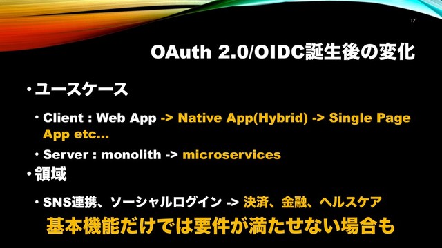 OAuth 2.0/OIDC஀ੜޙͷมԽ
!17
• Ϣʔεέʔε
• Client : Web App -> Native App(Hybrid) -> Single Page
App etc…
• Server : monolith -> microservices
• ྖҬ
• SNS࿈ܞɺιʔγϟϧϩάΠϯ -> ܾࡁɺۚ༥ɺϔϧεέΞ
جຊػೳ͚ͩͰ͸ཁ͕݅ຬͨͤͳ͍৔߹΋

