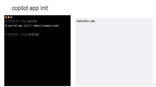 copilot app init
# アプリケーションの作成
$ copilot app init [--domain example.com]
# アプリケーション名を指定
Application: app
6
