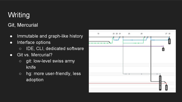 Writing
Git, Mercurial
● Immutable and graph-like history
● Interface options
○ IDE, CLI, dedicated software
● Git vs. Mercurial?
○ git: low-level swiss army
knife
○ hg: more user-friendly, less
adoption

