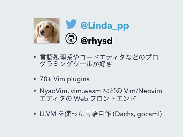 • ݴޠॲཧܥ΍ίʔυΤσΟλͳͲͷϓϩ
άϥϛϯάπʔϧ͕޷͖
• 70+ Vim plugins
• NyaoVim, vim.wasm ͳͲͷ Vim/Neovim
ΤσΟλͷ Web ϑϩϯτΤϯυ
• LLVM Λ࢖ͬͨݴޠࣗ࡞ (Dachs, gocaml)
@Linda_pp
@rhysd


