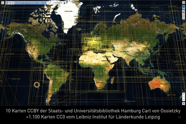 14
10 Karten CCBY der Staats- und Universitätsbibliothek Hamburg Carl von Ossietzky
>1.100 Karten CC0 vom Leibniz Institut für Länderkunde Leipzig
